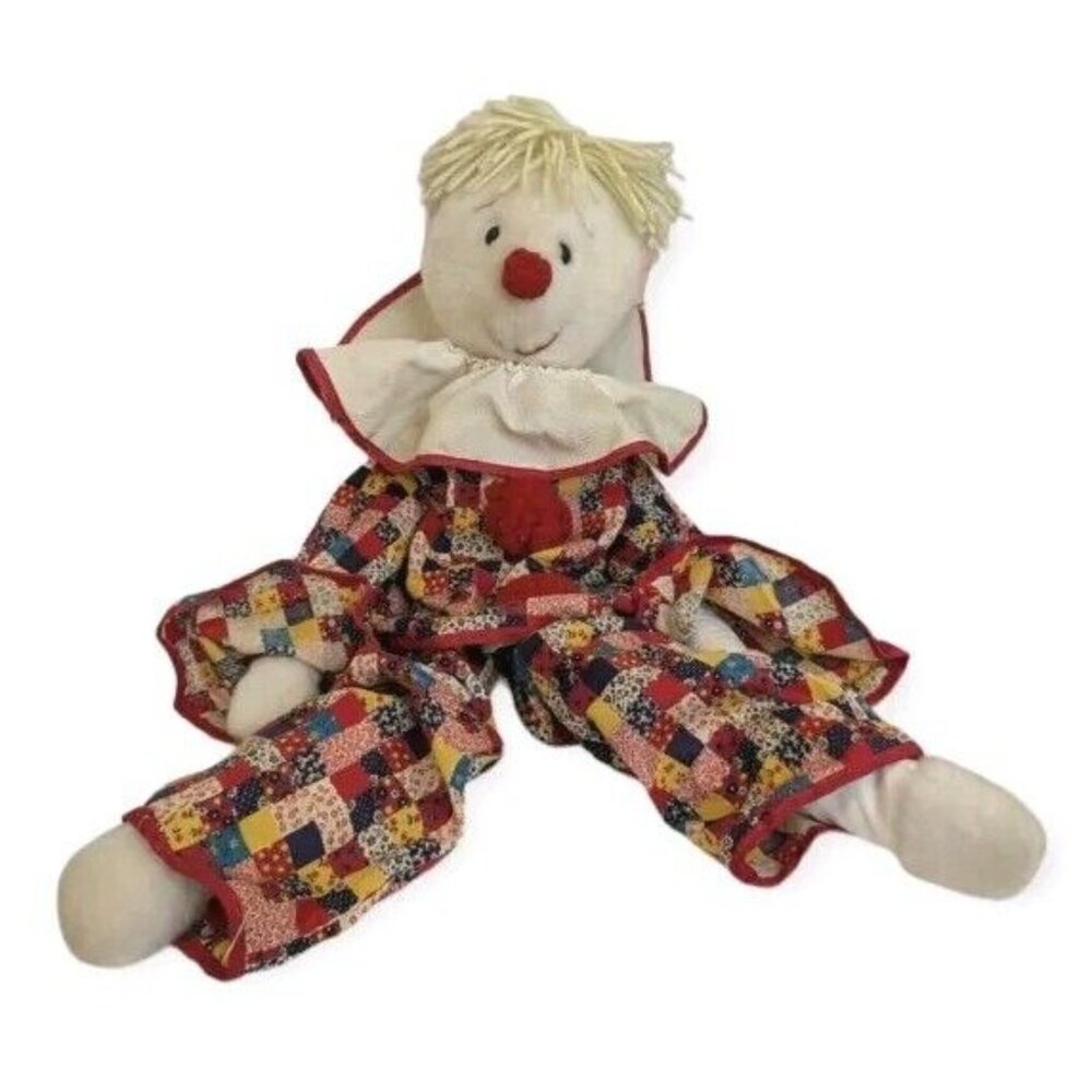 Eden Clown Plush Big Stuffed Toy Patchwork Red Pom Poms Yarn Hair Retro Vtg 24"